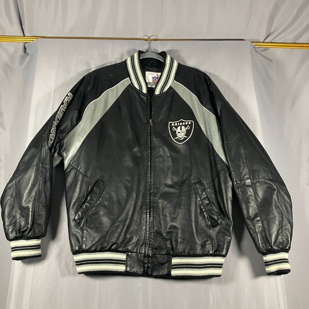 Raiders NFL Leather Jacket Mens Extra Large Black Silver Full Zip Retro Hip Hop